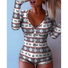 Christmas Plunge Button Long Sleeve Romper - Multicolor