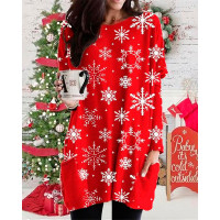 Christmas Pocket Design Snowflake Print Casual Top - red