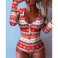 Christmas Print Button Front Onesie - Multicolor