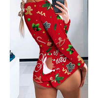 Christmas Print Cutout Long Sleeve Romper - red