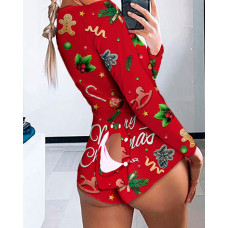 Christmas Print Cutout Long Sleeve Romper - red