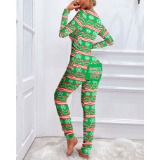 Christmas Print Functional Buttoned Flap Adults Pajamas - green