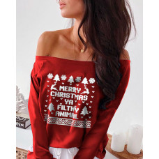 Christmas Print Long Sleeve Casual T-Shirt - red