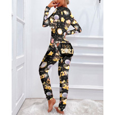 Christmas Print Long Sleeve Functional Buttoned Flap Pajamas - Multicolor