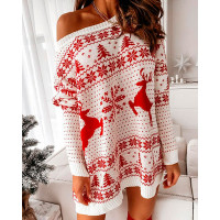 Christmas Print Long Sleeve Knit Dress - white