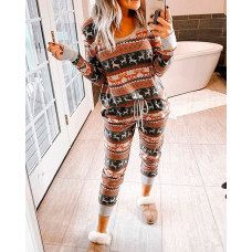 Christmas Print Lounge Top & Pants Set - style2