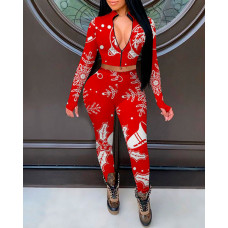 Christmas Print Zip Up Crop Top & Pants Set - red