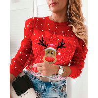 Christmas Puff Sleeve Elk Snowflake Print Top - red