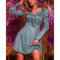 Christmas Puff Sleeve Tied Detail Glitter Party Dress - green