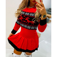 Christmas Reindeer Print Long Sleeve Pleated Dress - red