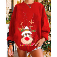 Christmas Reindeer Print Round Neck Sweatshirt - red