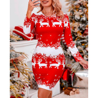 Christmas Reindeer Snowflake Print Long Sleeve Dress - red