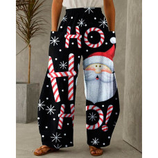 Christmas Santa Candy Print Pocket Design Wide Leg Pants - black