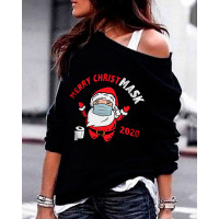 Christmas Santa Letter Print Cold Shoulder Sweatshirt - black