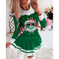 Christmas Santa Print Long Sleeve Pleated Dress - green