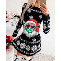 Christmas Santa Snowflake Print Long Sleeve Dress - black