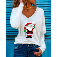 Christmas Santa Snowflake Print V-neck Top - white