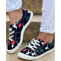 Christmas Santa Tree Print Lace-up Canvas Slip-On - black&red