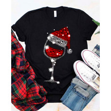 Christmas Short Sleeve Wineglass Hat Print T-Shirt - black