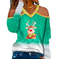 Christmas Snowflake Cartoon Elk Print Cold Shoulder Top - green