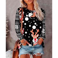 Christmas Snowflake Cartoon Elk Print Long Sleeve Top - black