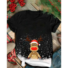 Christmas Snowflake Cartoon Elk Print Short Sleeve T-shirt - black