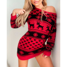 Christmas Snowflake Elk Heart Pattern Sweater Dress - Dark Red