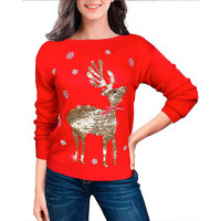 Christmas Snowflake Elk Pattern Long Sleeve Sweater - red