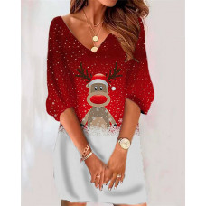 Christmas Snowflake Elk Print Casual Dress - red