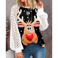 Christmas Snowflake Elk Print Contrast Lace Lantern Sleeve Top - black