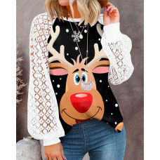 Christmas Snowflake Elk Print Contrast Lace Lantern Sleeve Top - black