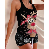 Christmas Snowflake Elk Print Drawstring Pajamas Set - black