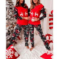 Christmas Snowflake Elk Print Fluffy Pajamas Set - red