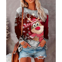 Christmas Snowflake Elk Print Long Sleeve Casual Top - Wine red