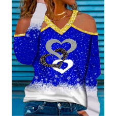 Christmas Snowflake Heart Print Cold Shoulder Top - blue