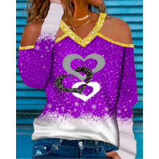 Christmas Snowflake Heart Print Cold Shoulder Top - purple