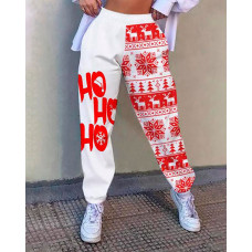 Christmas Snowflake Letter Print Casual Sweatpants - red