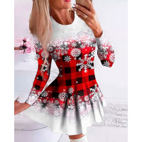 Christmas Snowflake Plaid Print Casual Dress - red