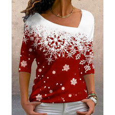 Christmas Snowflake Print Asymmetrical Neck Top - red