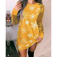 Christmas Snowflake Print Contrast Sequin Dress - yellow