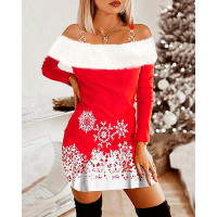 Christmas Snowflake Print Fuzzy Trim Cold Shoulder Dress - red Christmas Snowflake Print Fuzzy Trim Cold Shoulder Dress - red