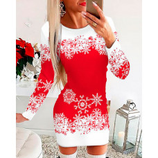 Christmas Snowflake Print Long Sleeve Bodycon Dress - red