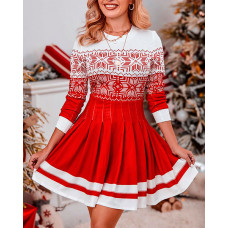 Christmas Snowflake Print Long Sleeve Pleated Dress - red