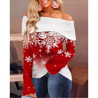 Christmas Snowflake Print Off Shoulder Top - red