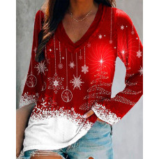 Christmas Snowflake Print V-Neck Long Sleeve Top - red