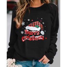 Christmas Snowflake Santa Hat Print Long Sleeve Top - black