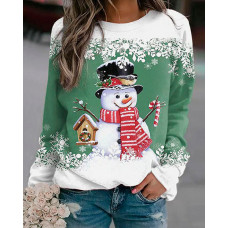 Christmas Snowflake Snowman Print Long Sleeve Top - green