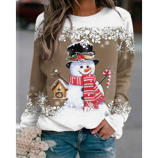 Christmas Snowflake Snowman Print Long Sleeve Top - khaki