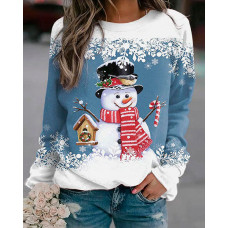 Christmas Snowflake Snowman Print Long Sleeve Top - Lighted Blue