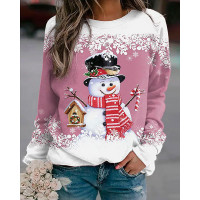 Christmas Snowflake Snowman Print Long Sleeve Top - pink